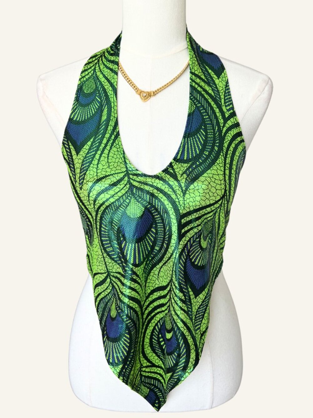 Y2K Peacock Print Halter Scarf Top